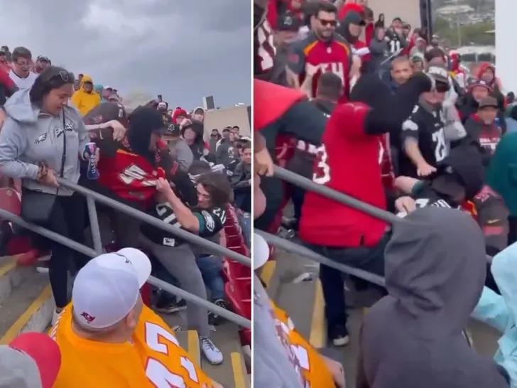 VIDEO: Bucs vs. Eagles — Fan Thrown Down Stadium Stairs During Wild Brawl at Week 4 Game