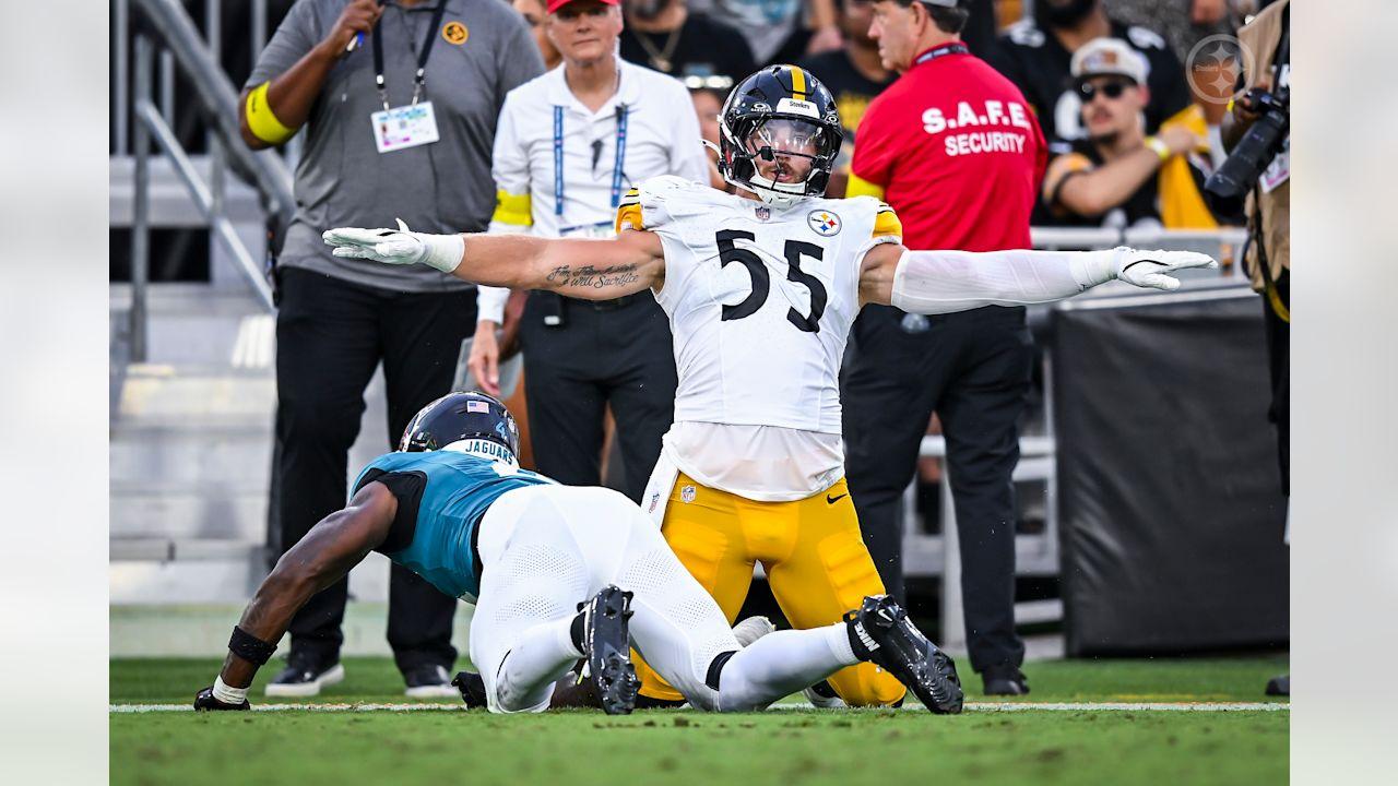 Pittsburgh Steelers linebacker Cole Holcomb (55) during a preseason game between the Pittsburgh Steelers and the Jacksonville Jaguars, on Saturday August 9, 2025 in Jacksonville, FL. (Karl Roser / Pittsburgh Steelers)
