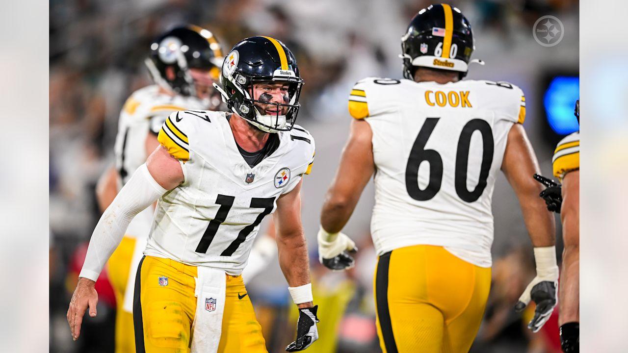 Pittsburgh Steelers quarterback Skylar Thompson (17) and offensive tackle Dylan Cook (60) during a preseason game between the Pittsburgh Steelers and the Jacksonville Jaguars, on Saturday August 9, 2025 in Jacksonville, FL. (Karl Roser / Pittsburgh Steelers)